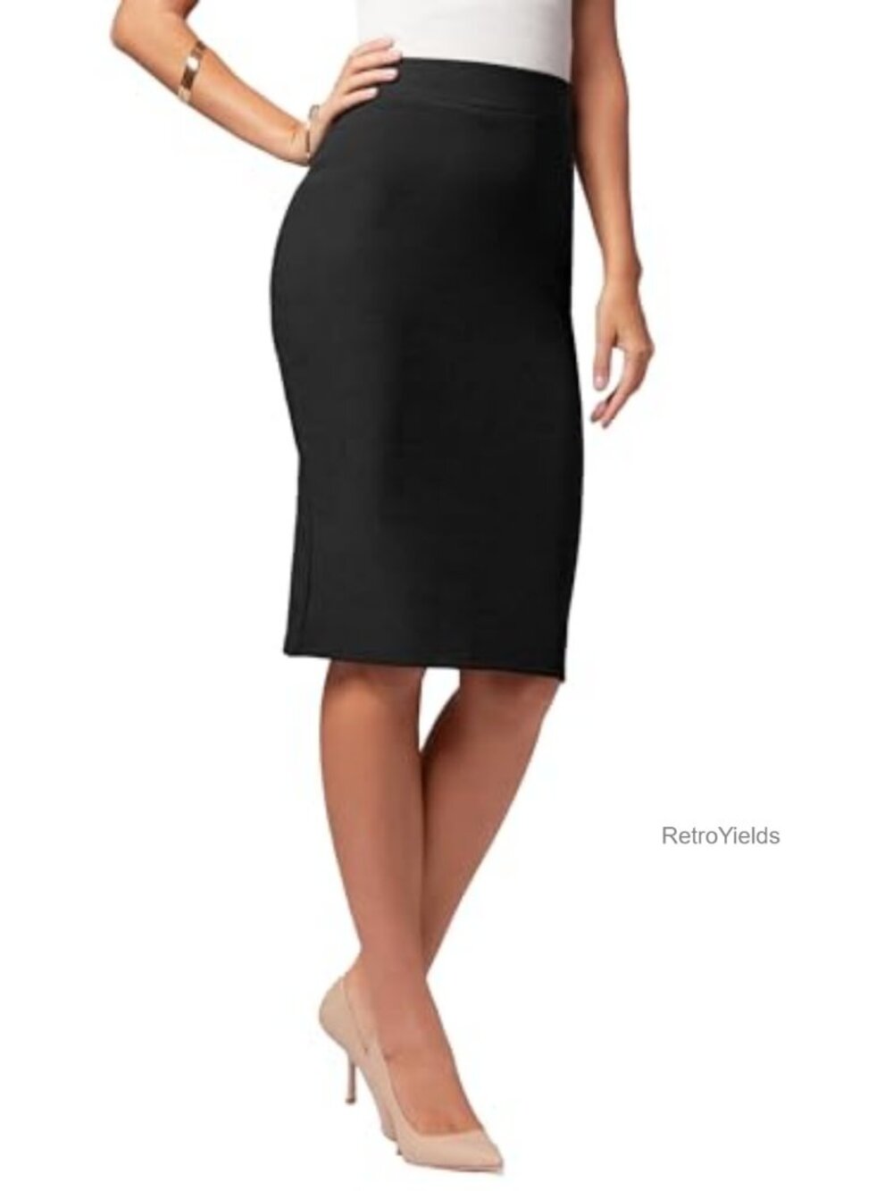 Stretch Pencil Skirt, Pull On, Midi Length, High Waist, Back Slit